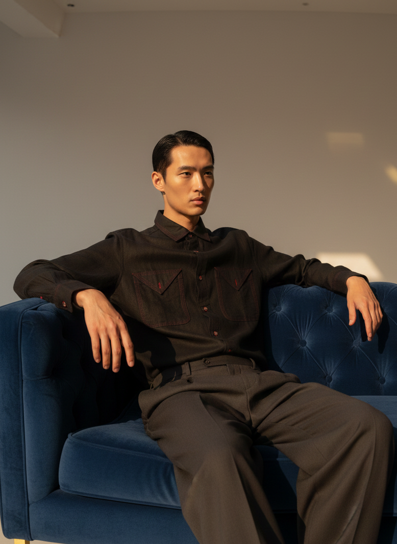 Man in a black outfit sitting on a blue couch against a neutral wall.