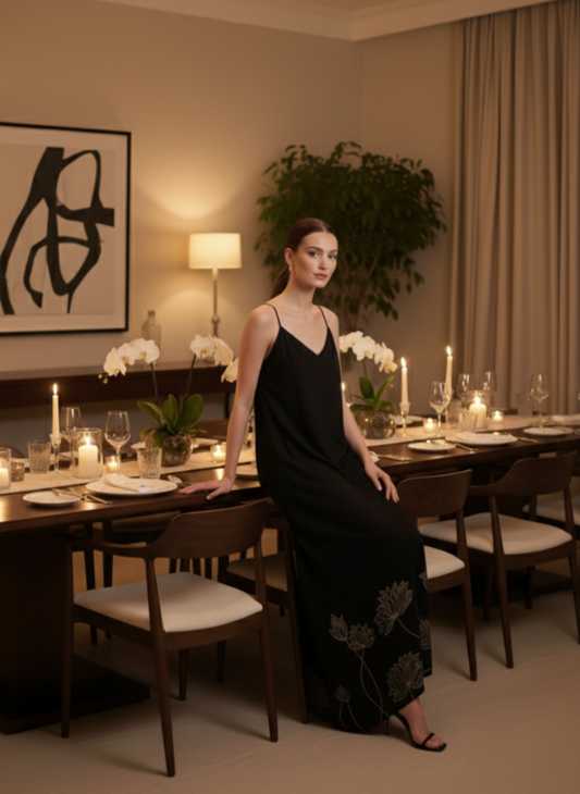 Slip Dress I Rose Fabric I Black I Floral Foil | Moon N Lotus