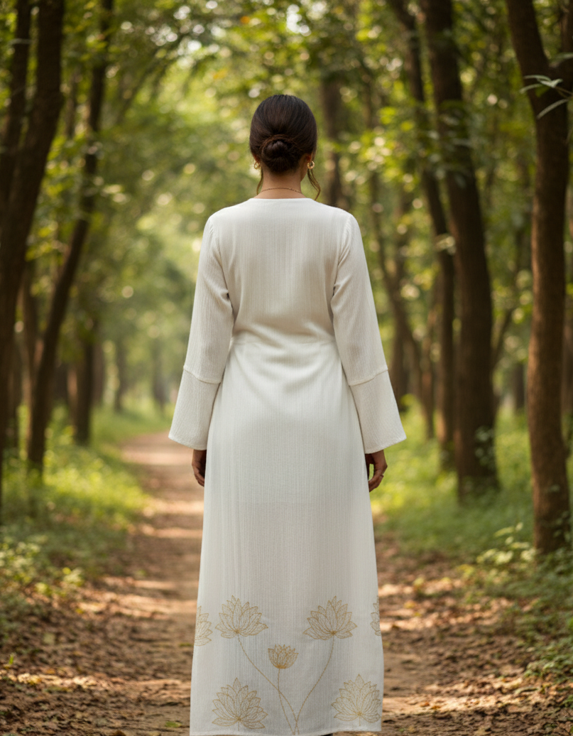 High Low Kimono Wrap I Bamboo Fabric I White I Floral Foil | Moon N Lotus