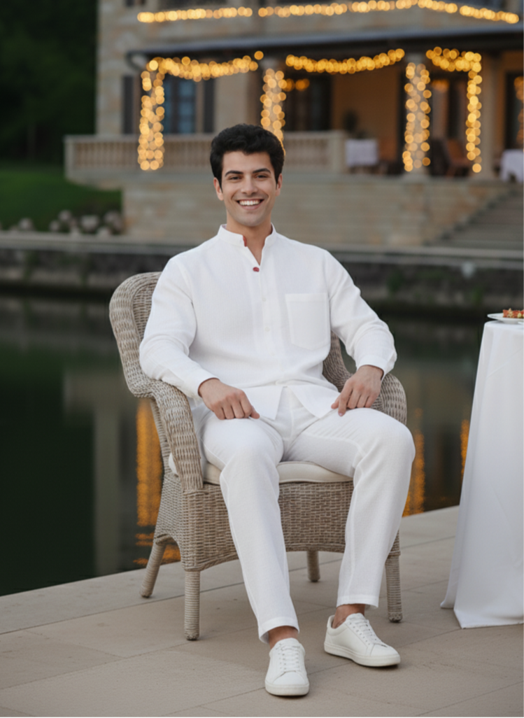 Styled white mandarin collar shirt outfit, modern minimal summer fashion Moon N Lotus