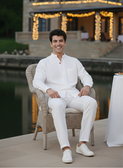 Styled white mandarin collar shirt outfit, modern minimal summer fashion Moon N Lotus