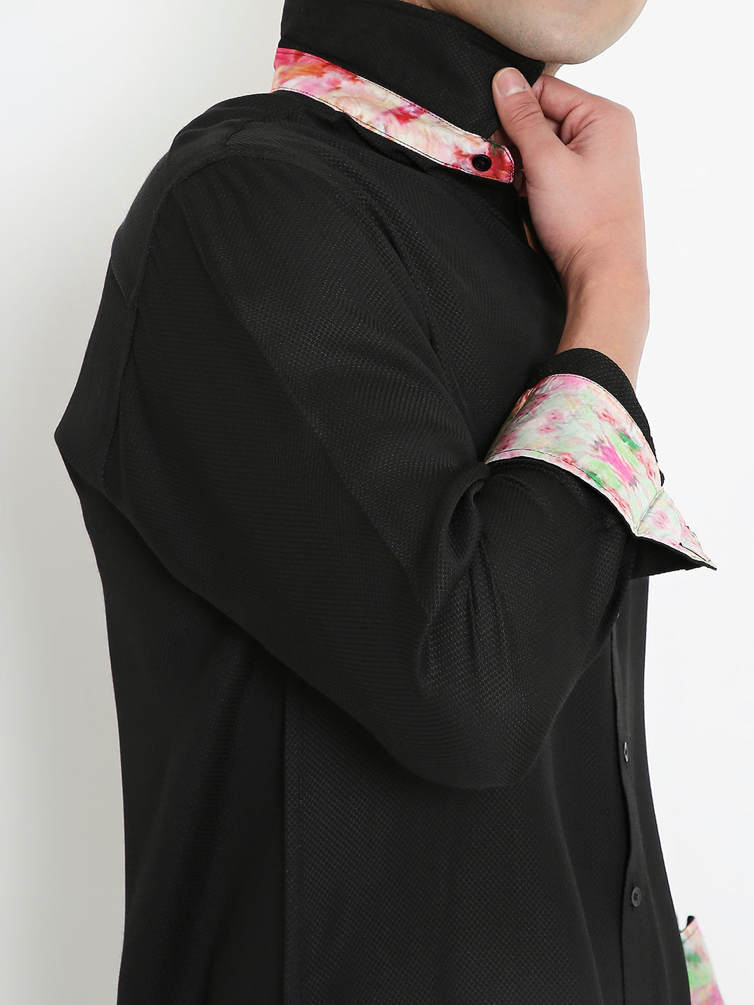 Men wearing Moon N Lotus black collared shirt made from orange fabric