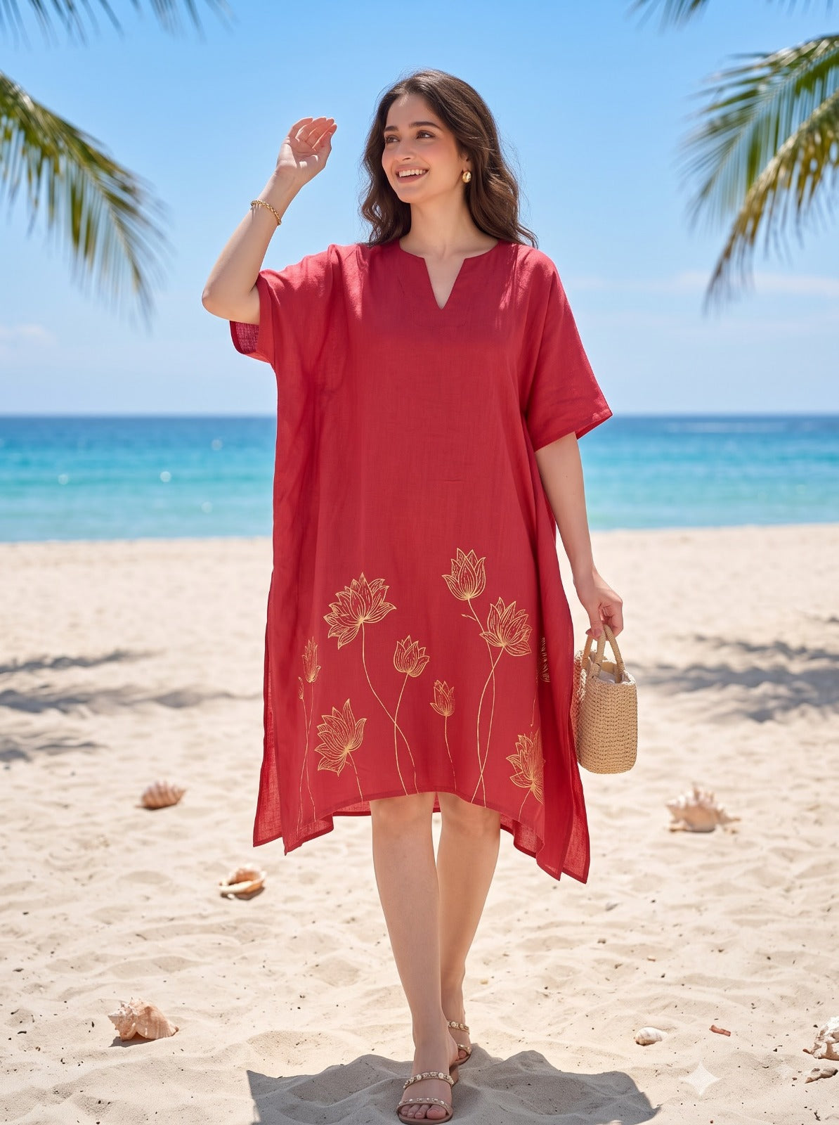 Front view of pinkish-red rose fabric floral foil mid kaftan