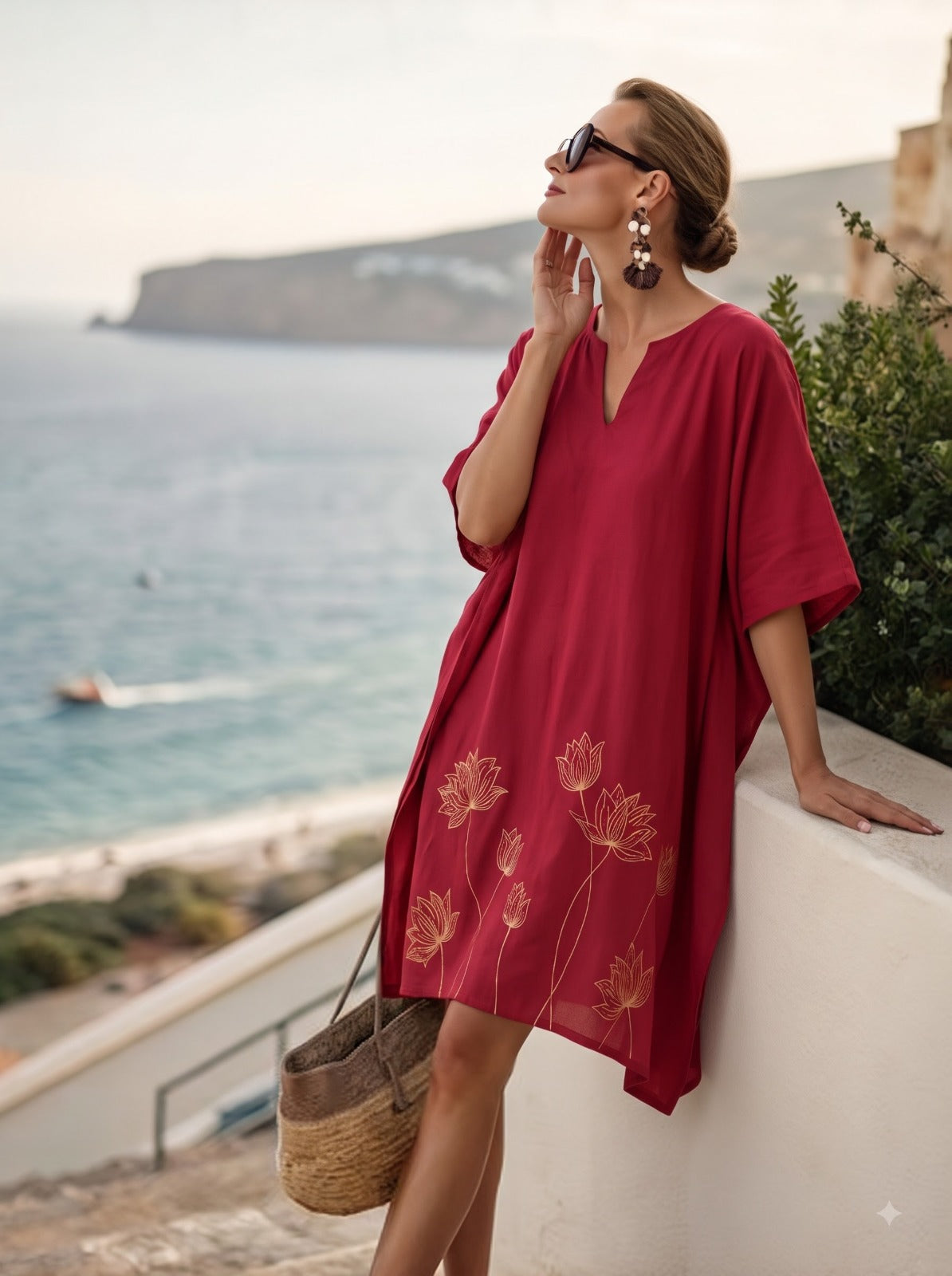 Side view of pinkish-red floral foil mid kaftan