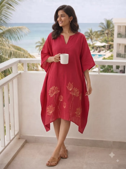 Pinkish-red rose fabric floral foil mid kaftan on beach