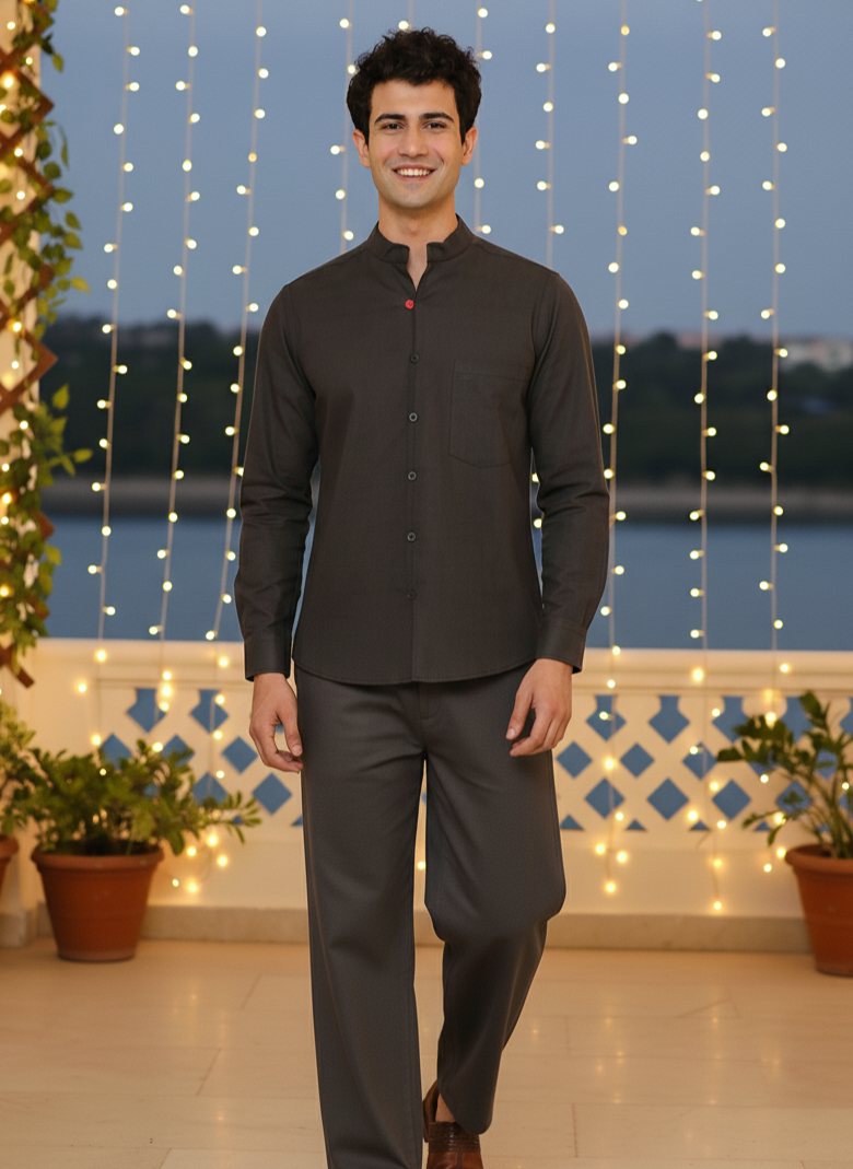 Lightweight black Asian collar shirt for men, perfect for summer and minimal styling Moon N Lotus