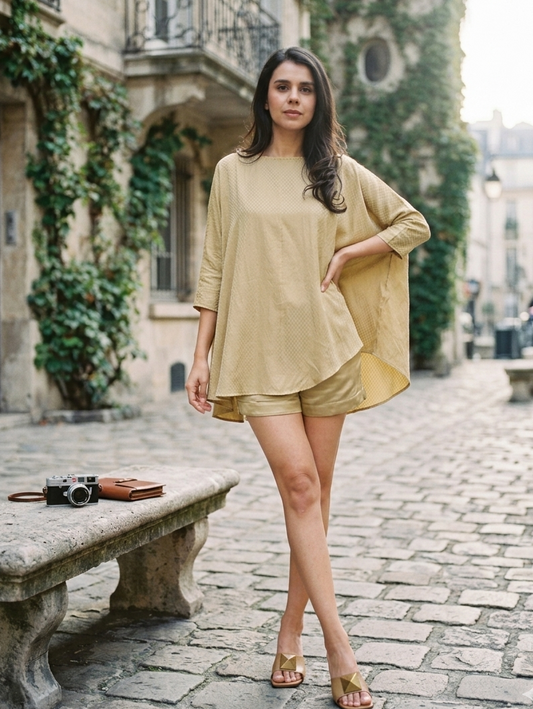 Close-up of asymmetrical design on gold top, modern statement silhouette Moon N Lotus