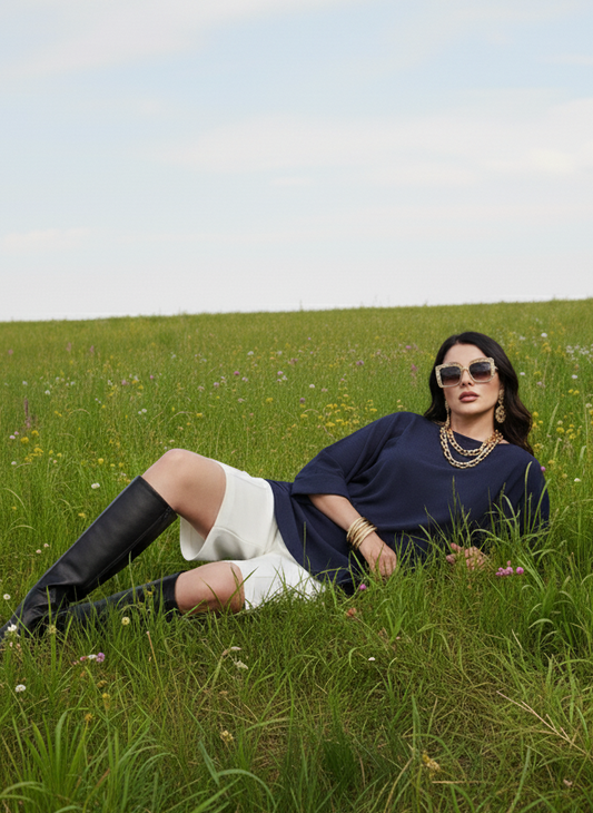 Close-up of asymmetrical cut on navy top, clean structured design Moon N Lotus