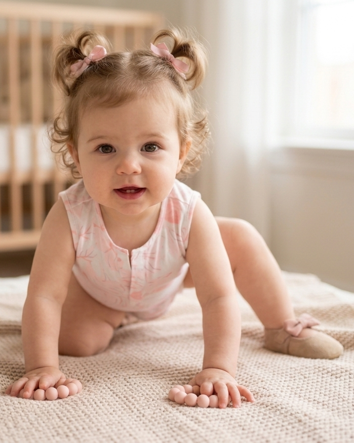 Front view of baby playsuit in rose fabric with relaxed comfortable fit Moon N Lotus