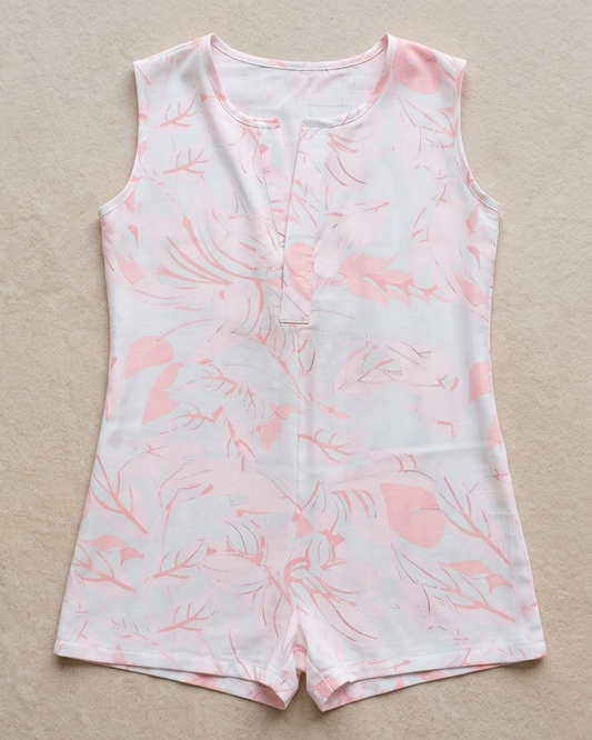 Baby playsuit in rose fabric with pink and grey print by Moon N Lotus, soft breathable wear