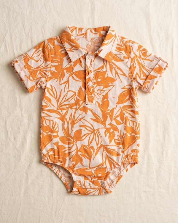 Tailored baby romper in rose fabric with orange and grey print by Moon N Lotus, soft breathable wear