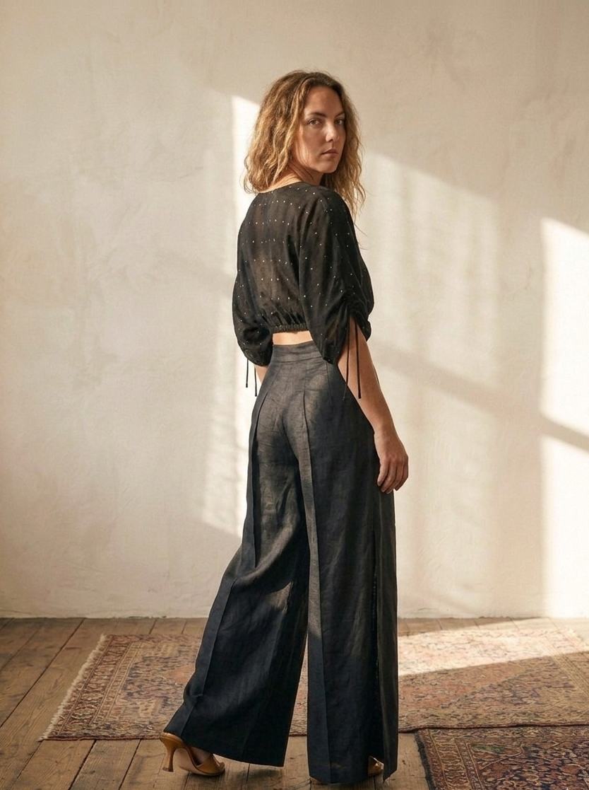 Back view of black culottes in rose fabric comfortable relaxed fit Moon N Lotus
