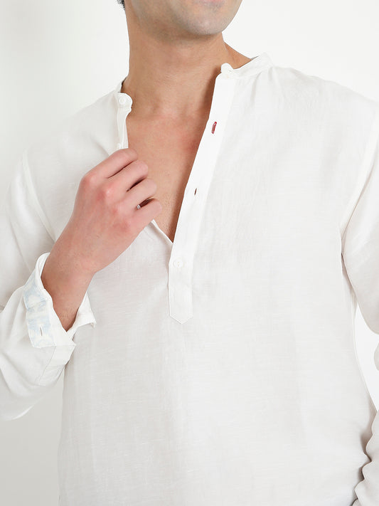 Close-up of bamboo fabric on white kurta shirt, soft breathable texture Moon N Lotus