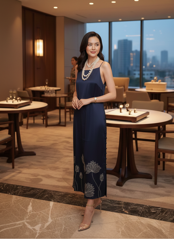 Bamboo fabric texture in navy loop dress, soft sustainable breathable material