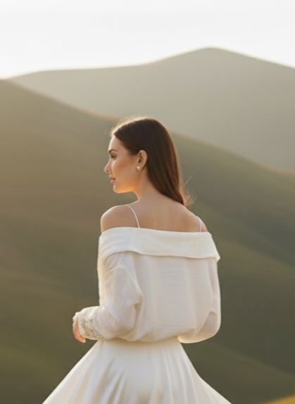 Bamboo fabric texture detail on white wrap top, soft sustainable breathable feel Moon N Lotus