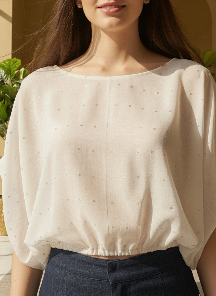 Bamboo fabric texture detail on white polka top, lightweight soft feel Moon N Lotus