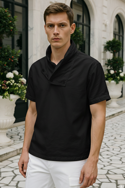 Close-up of oversized collar on black bamboo T-shirt, modern statement design Moon N Lotus