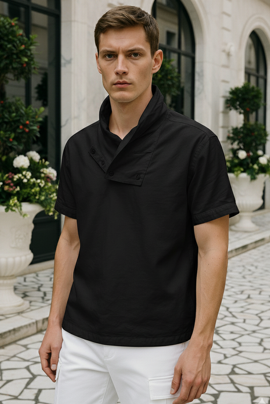 Close-up of oversized collar on black bamboo T-shirt, modern statement design Moon N Lotus