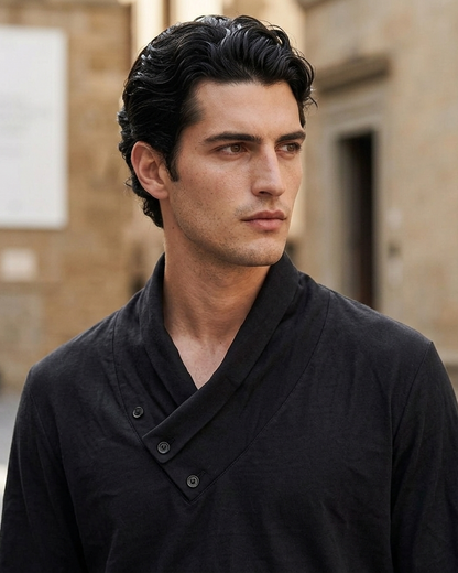 Close-up of oversized collar detail on black bamboo T-shirt, minimal statement design Moon N Lotus
