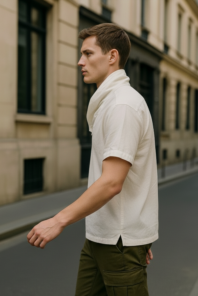 Close-up of oversized collar on white bamboo T-shirt, modern statement design Moon N Lotus