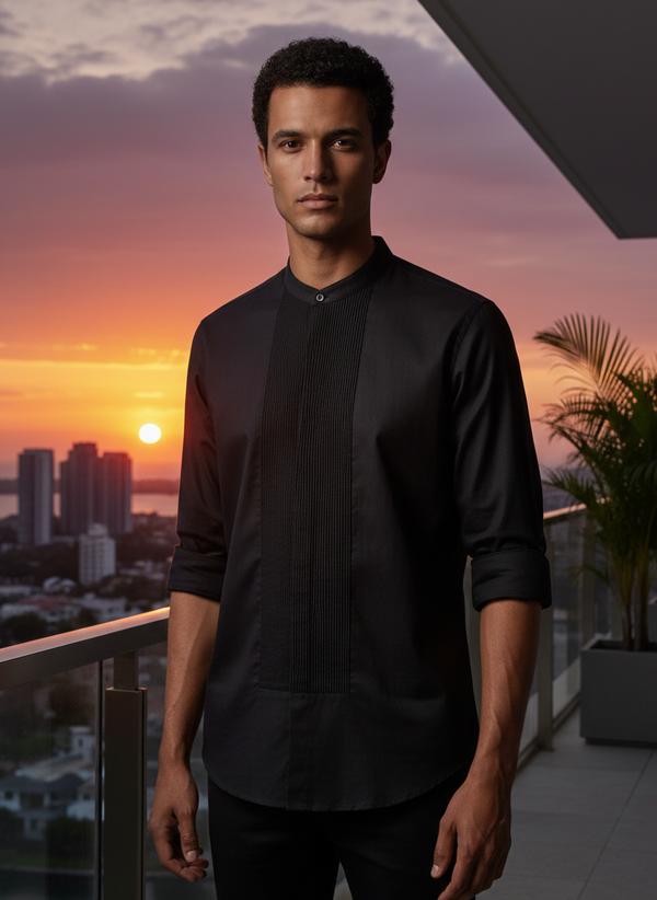 Black Asian Collar Threadwork Embroidery Shirt | Cotton Hemp Fabric | Moon N Lotus