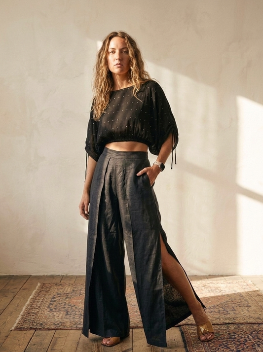 Black Bali culottes in rose fabric by Moon N Lotus, lightweight breathable flowy silhouette