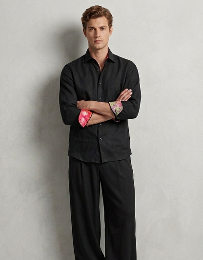 Black collared shirt in bamboo fabric by Moon N Lotus, soft breathable lightweight shirt for men
