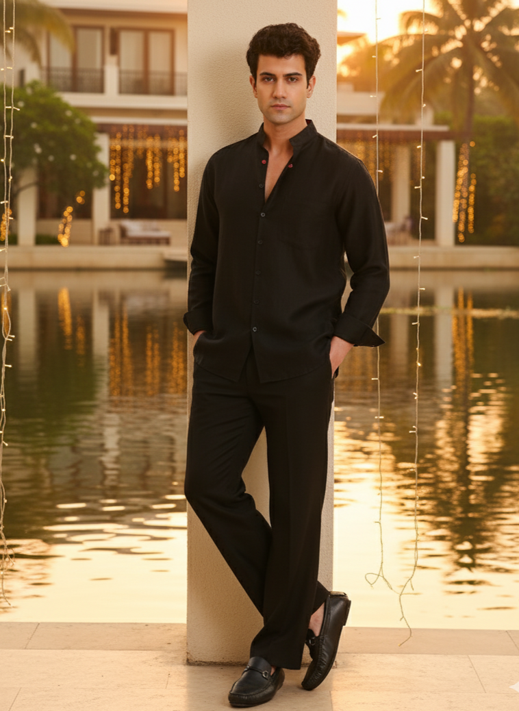 Back view of black Asian collar bamboo shirt, relaxed fit comfortable men’s wear Moon N Lotus