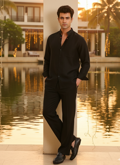 Back view of black Asian collar bamboo shirt, relaxed fit comfortable men’s wear Moon N Lotus