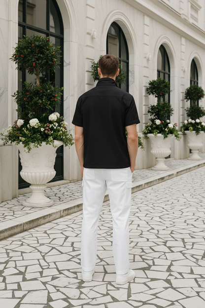 Back view of black big collar T-shirt, relaxed fit comfortable men’s wear Moon N Lotus
