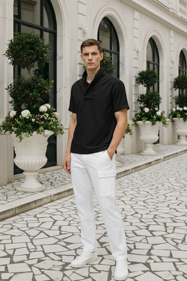 Black big collar T-shirt in bamboo fabric by Moon N Lotus, soft breathable lightweight t-shirt for men