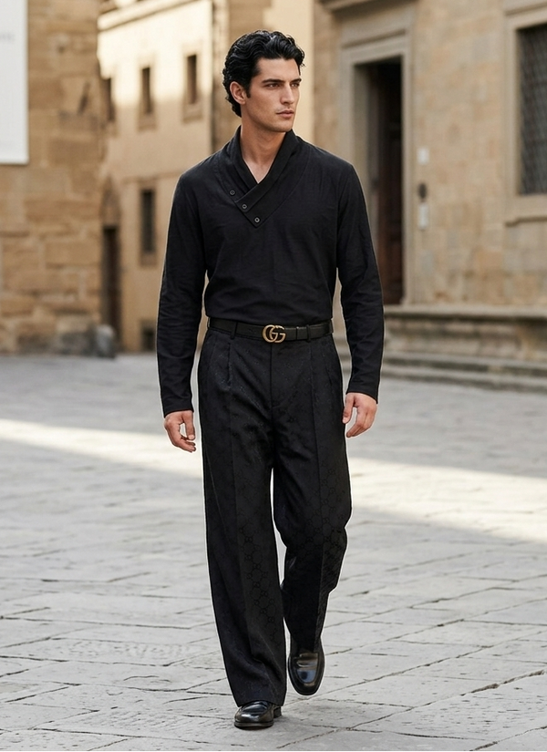 Black full sleeve T-shirt with big collar in bamboo fabric by Moon N Lotus, soft breathable everyday wear