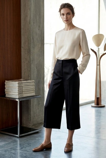Black culottes in rose fabric by Moon N Lotus, lightweight breathable wide leg pants