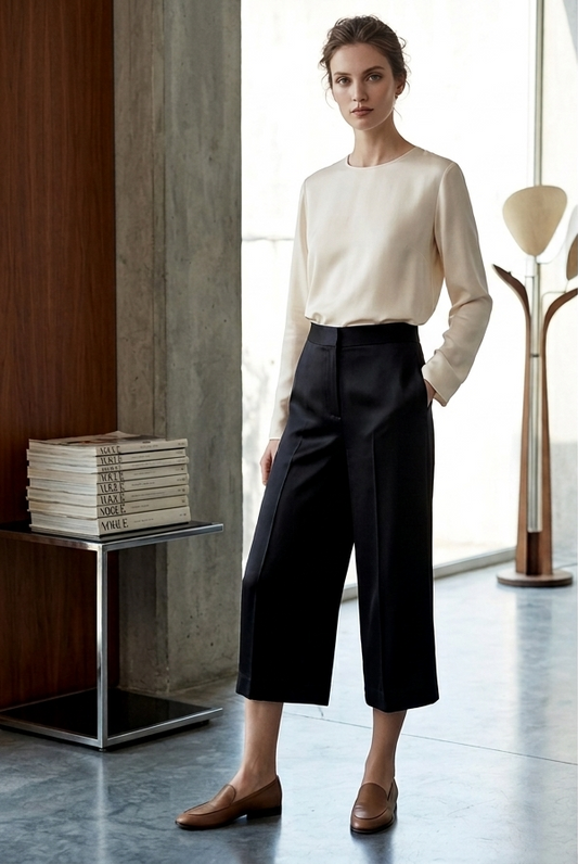 Black culottes in rose fabric by Moon N Lotus, lightweight breathable wide leg pants
