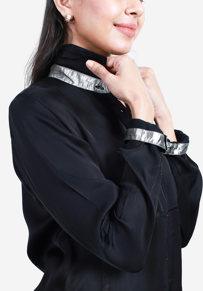 Back view of black shirt dress in rose fabric, relaxed fit and elegant drape Moon N Lotus