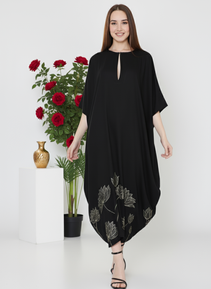 Black floral foil kaftan for women in rose fabric, lightweight breathable festive wear Moon N Lotus