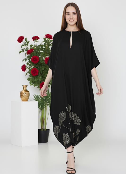 Black floral foil kaftan for women in rose fabric, lightweight breathable festive wear Moon N Lotus