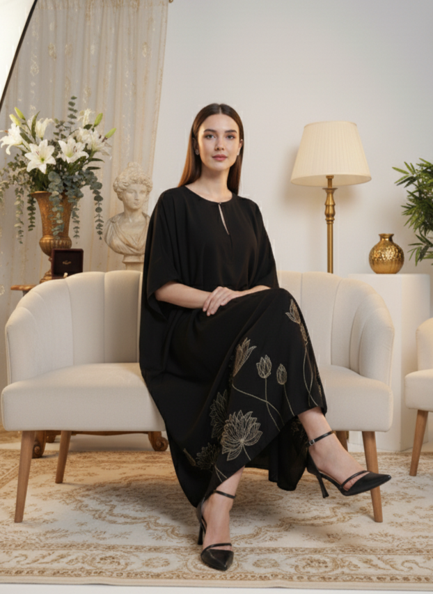 Back view of black kaftan, breathable rose fabric lightweight feel Moon N Lotus