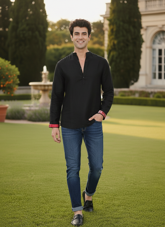 Front view of black kurta shirt for men, modern short kurta style Moon N Lotus
