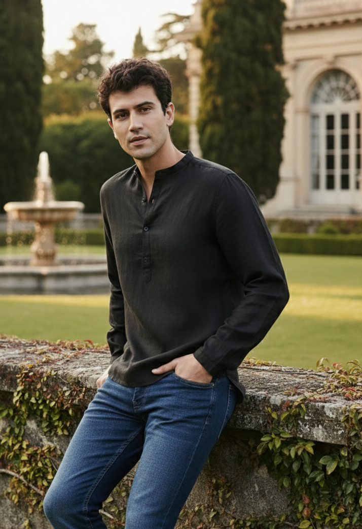 Black kurta shirt for men in bamboo fabric, breathable lightweight ethnic wear Moon N Lotus