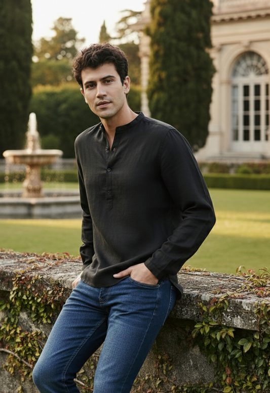 Black kurta shirt for men in bamboo fabric, breathable lightweight ethnic wear Moon N Lotus