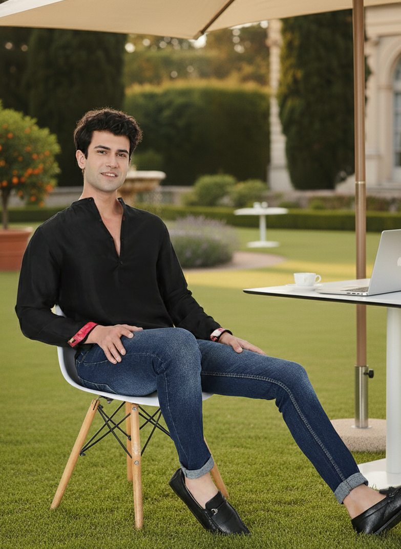 Black kurta shirt styled for men, smart casual ethnic outfit Moon N Lotus