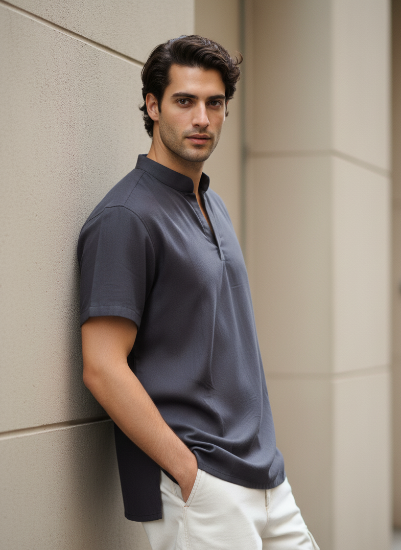 Black kurta T-shirt in rose fabric by Moon N Lotus, lightweight breathable fusion wear for men