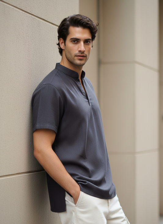 Black kurta T-shirt in rose fabric by Moon N Lotus, lightweight breathable fusion wear for men