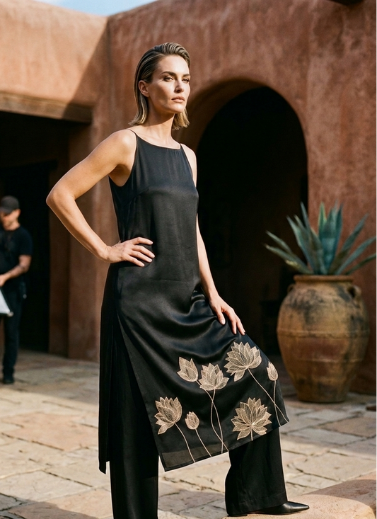 Black loop dress in rose fabric by Moon N Lotus, soft breathable dress for women