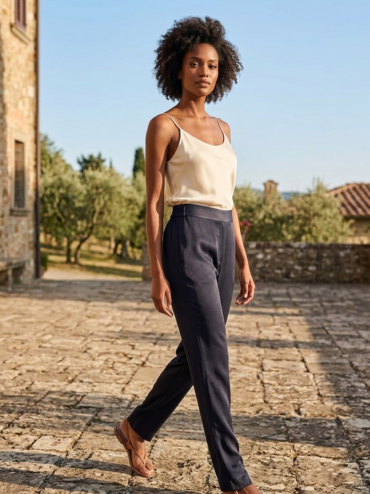 Black narrow pants for women in bamboo fabric by Moon N Lotus, lightweight breathable slim fit