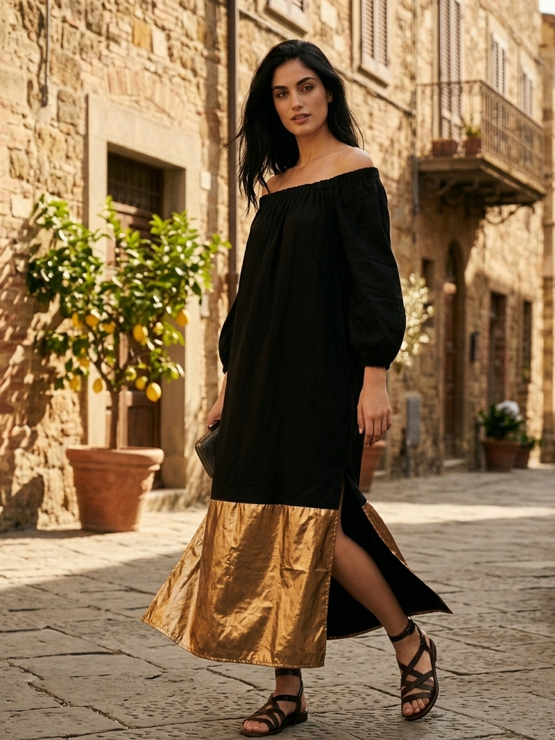 Lightweight black off shoulder dress for women, perfect for evening and vacation styling Moon N Lotus