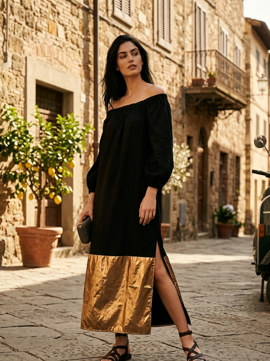 Black off shoulder dress in rose fabric by Moon N Lotus, lightweight breathable elegant dress for women