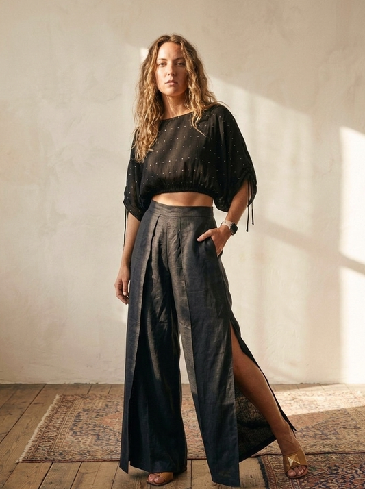 Black polka dot circle top in rose fabric by Moon N Lotus, lightweight breathable summer wear