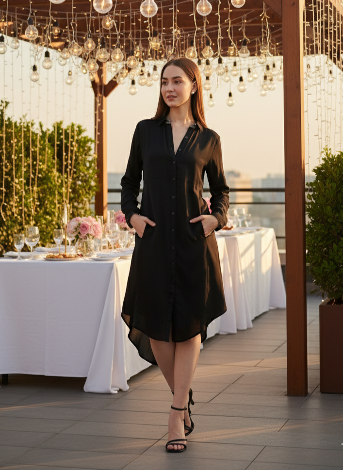 Black shirt dress in rose fabric by Moon N Lotus, lightweight breathable elegant wear